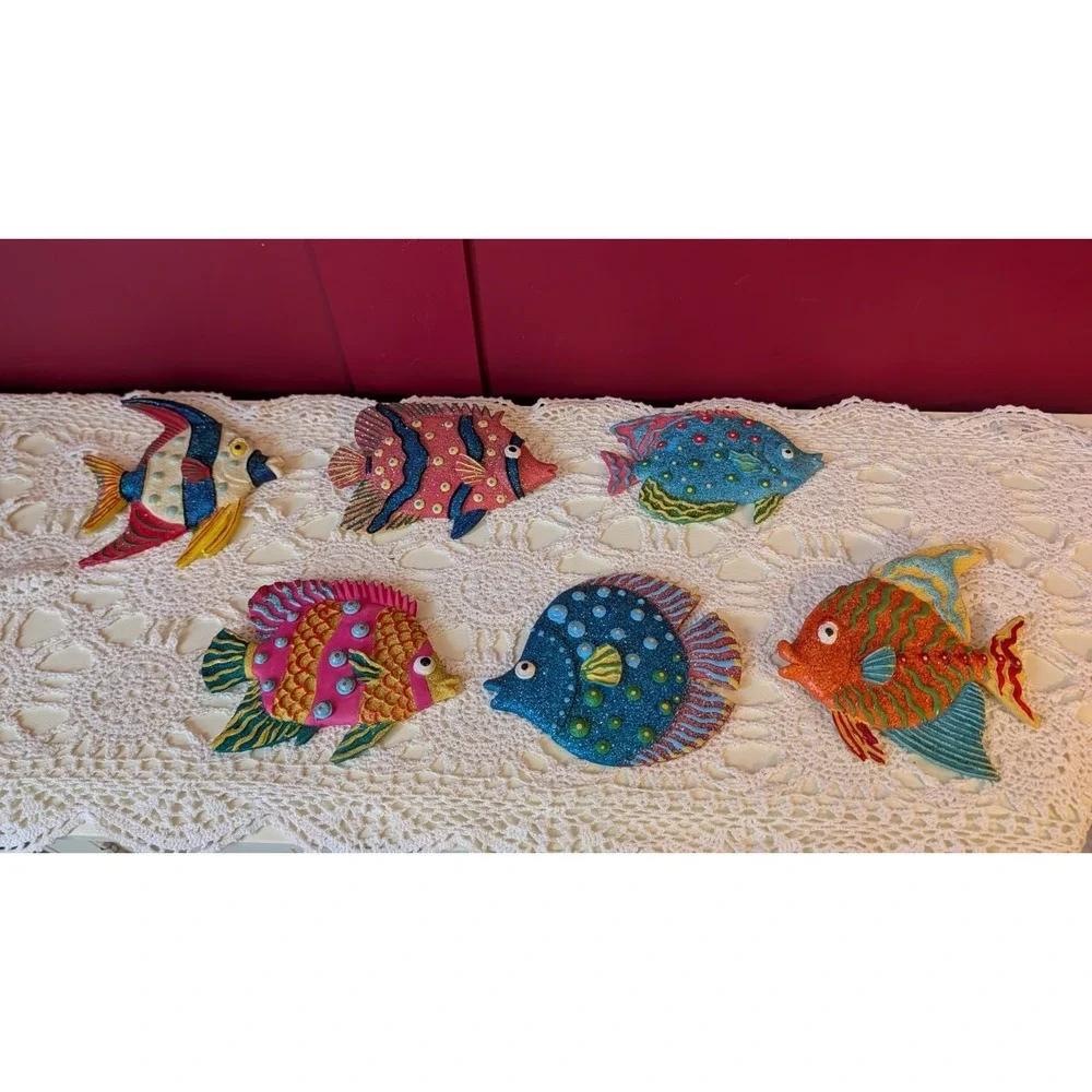 Colorful Tropical Glitter Fish Resin Wall Art Plaques Hanging Decor Set Of 6‎